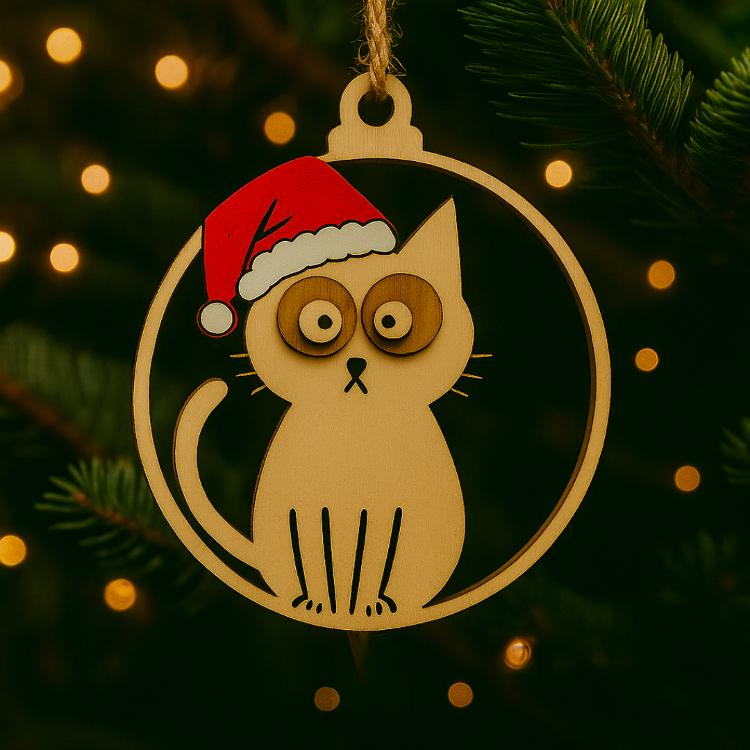 Boule de noël en bois chat - Mobju