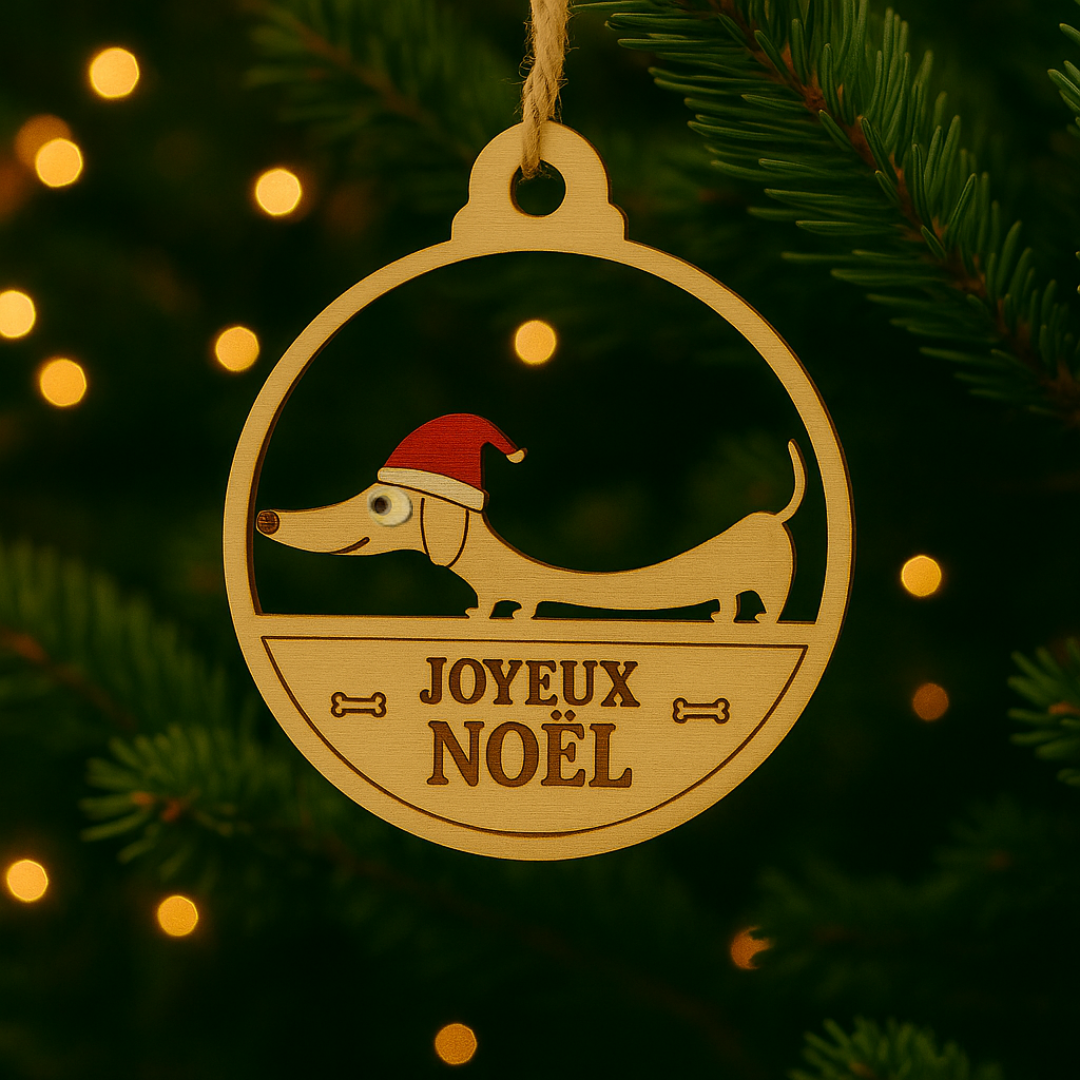 Boule de noël en bois teckel - Mobju
