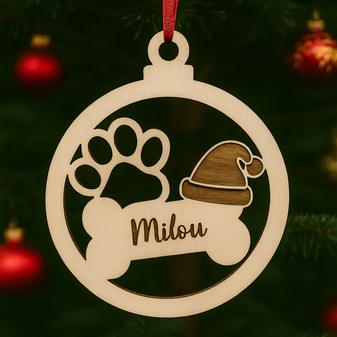 Boule de noel en bois os chien personnalisée - Mobju