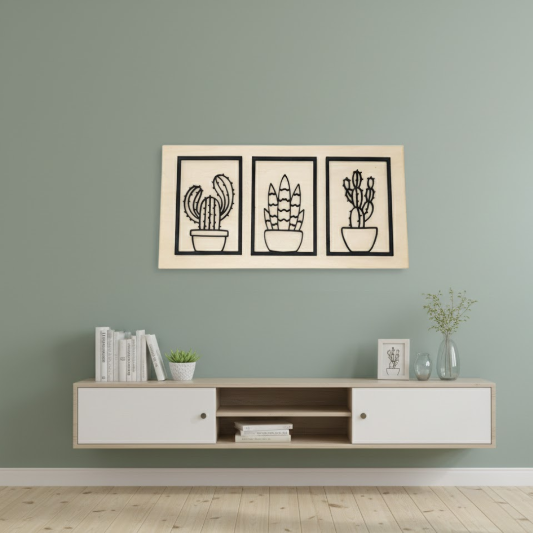 Cadre Mural Bois Tryptique Cactus et Succulentes