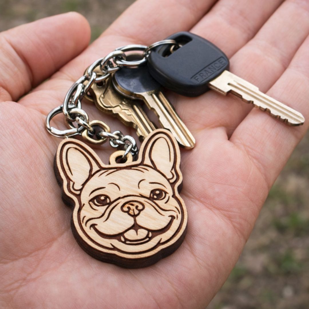 Porte Clés En Bois Bouledogue