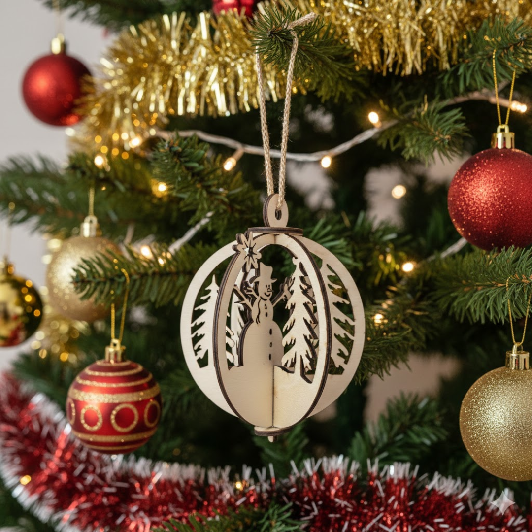 Boule de Noel en bois 3D Bonhomme de Neige - Mobju