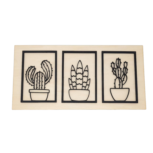Cadre Mural Bois Tryptique Cactus et Succulentes