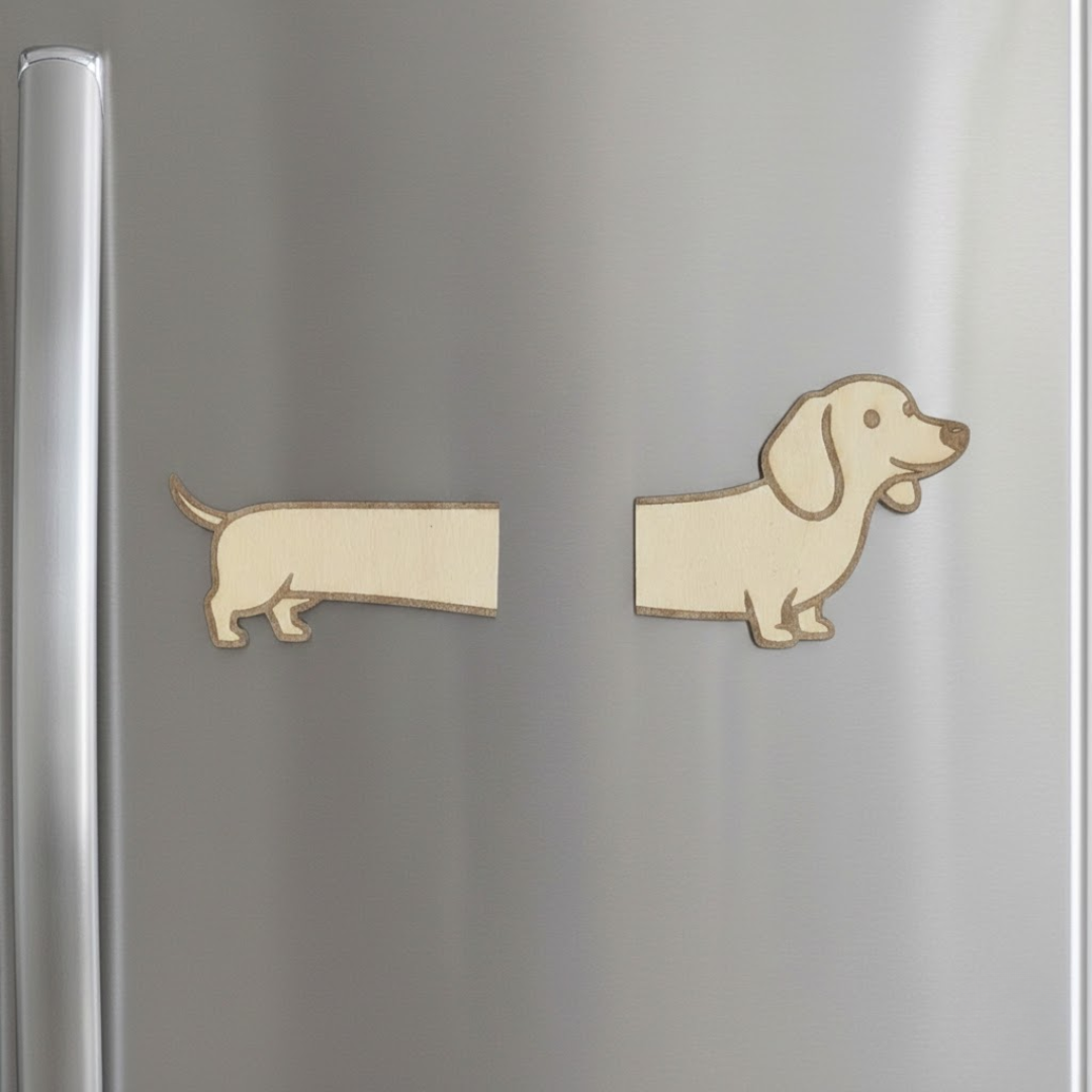 Aimant en bois humoristique teckel en deux parties - Mobju