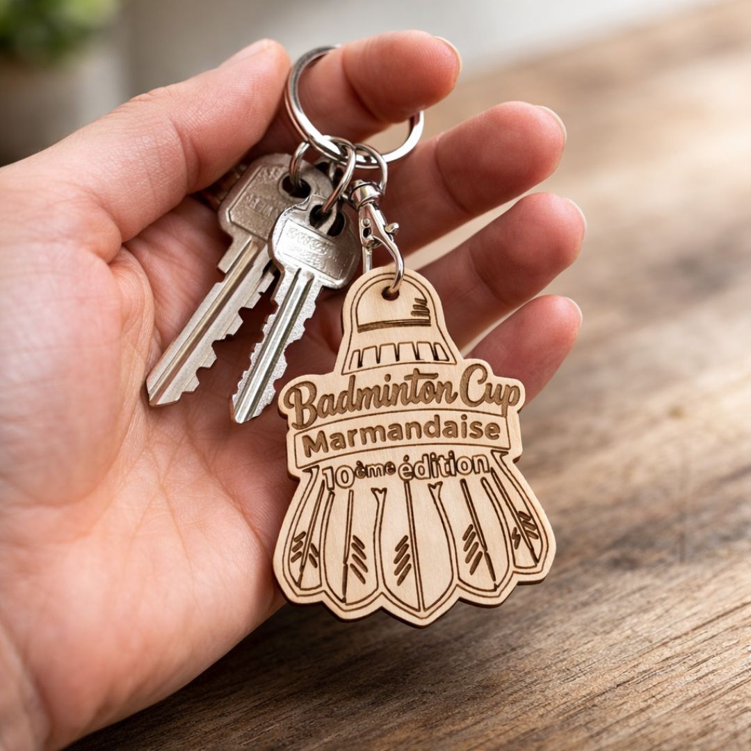 Porte clés en bois badminton personnalisé